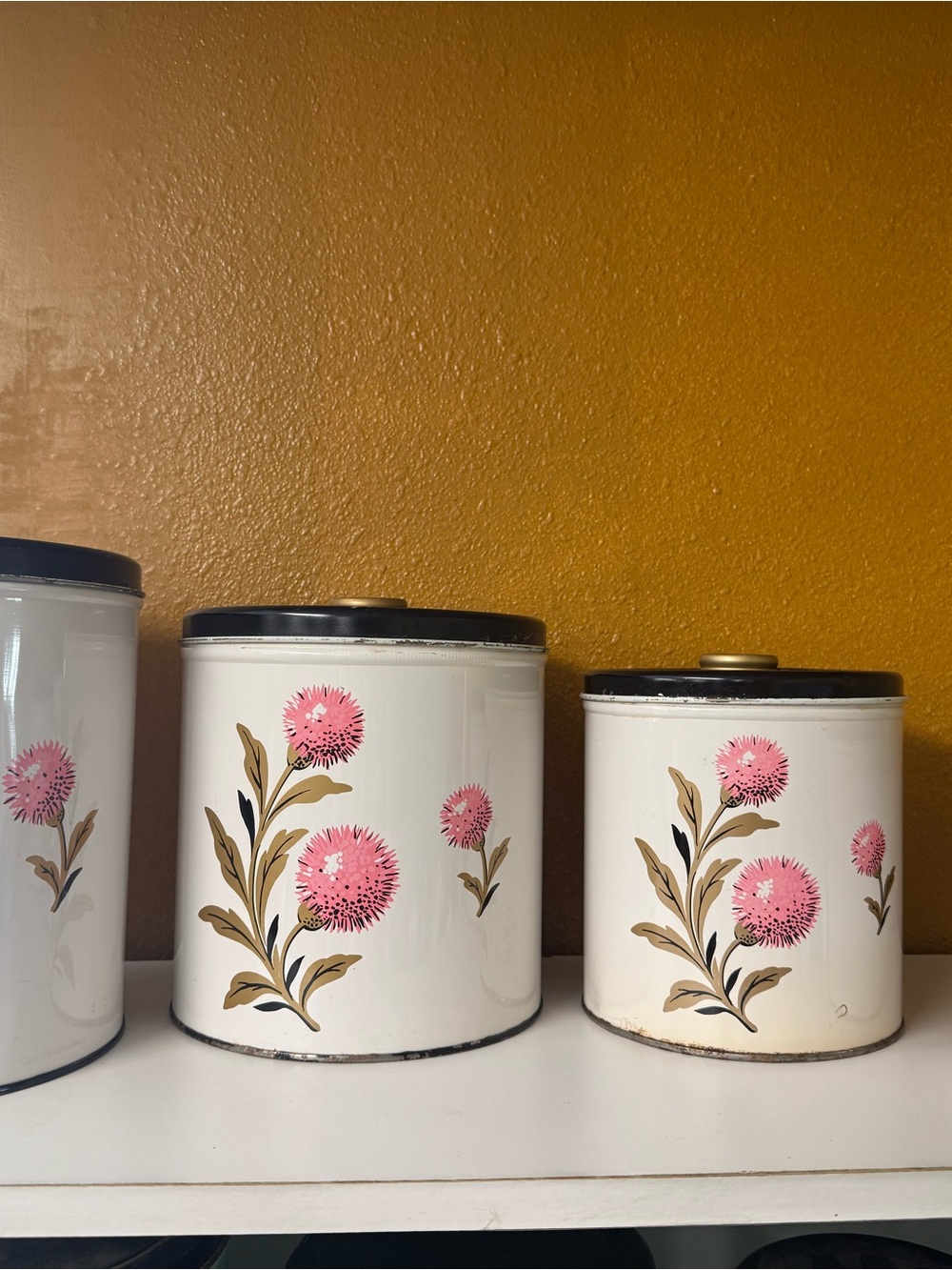 White Floral Metal Canister Set with Pink Blooms
